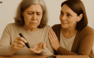 Elderly woman checking blood sugar levels with support from a friend – representing diabetes awareness and care.