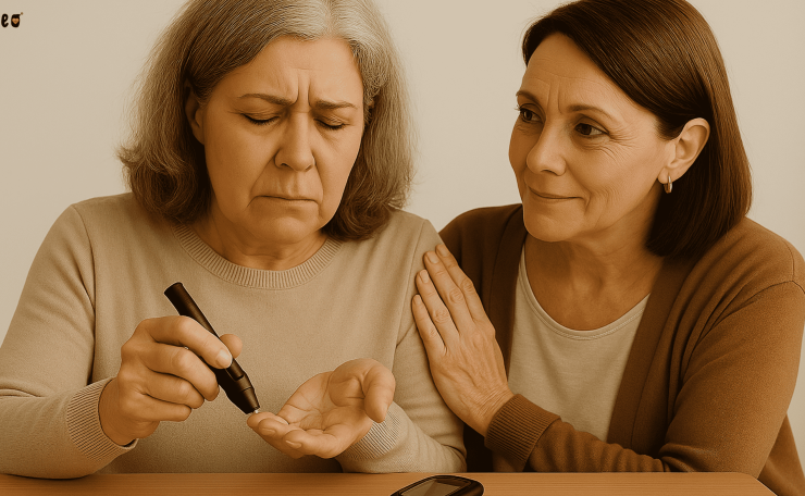 Elderly woman checking blood sugar levels with support from a friend – representing diabetes awareness and care.