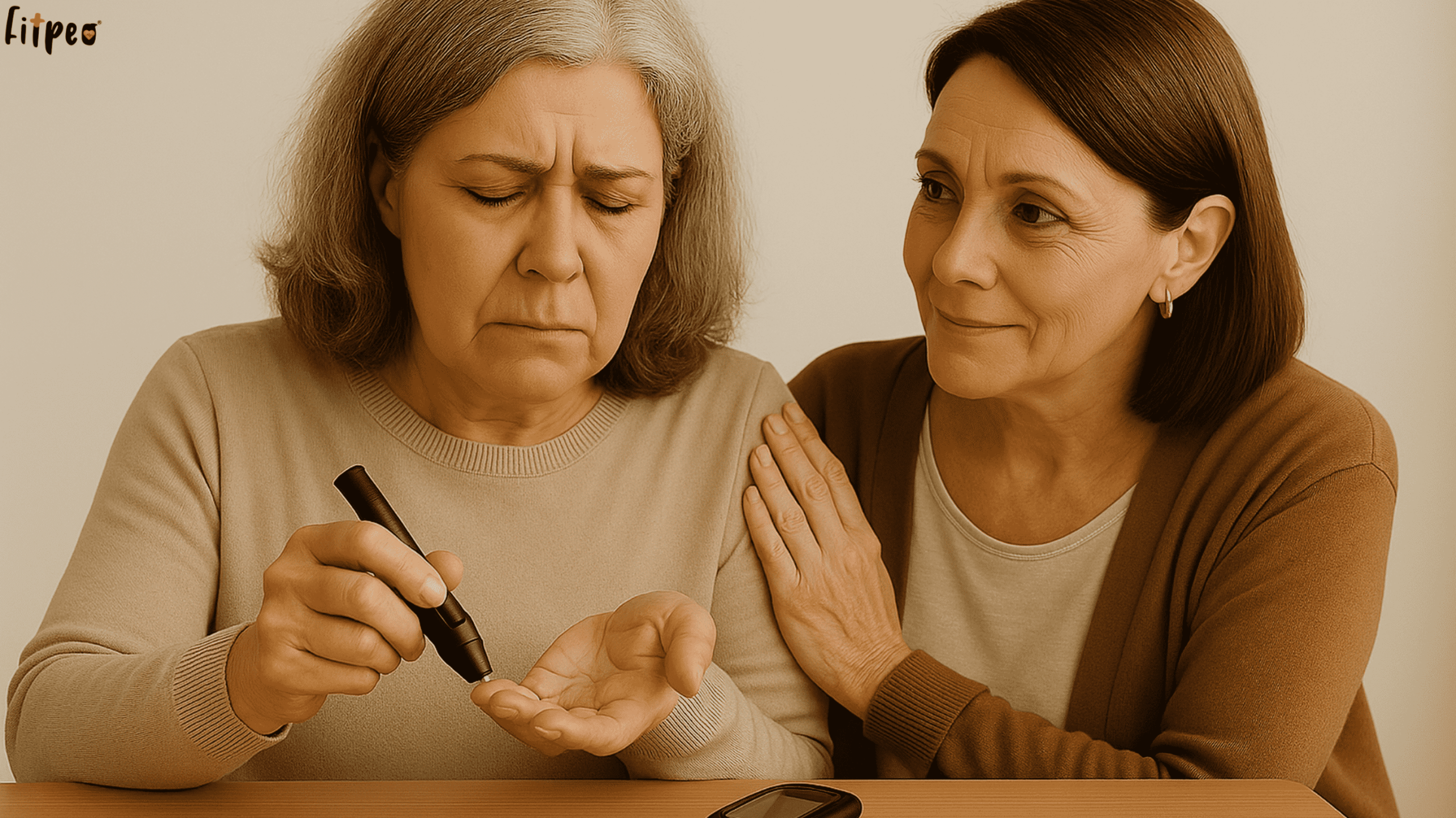 Elderly woman checking blood sugar levels with support from a friend – representing diabetes awareness and care.
